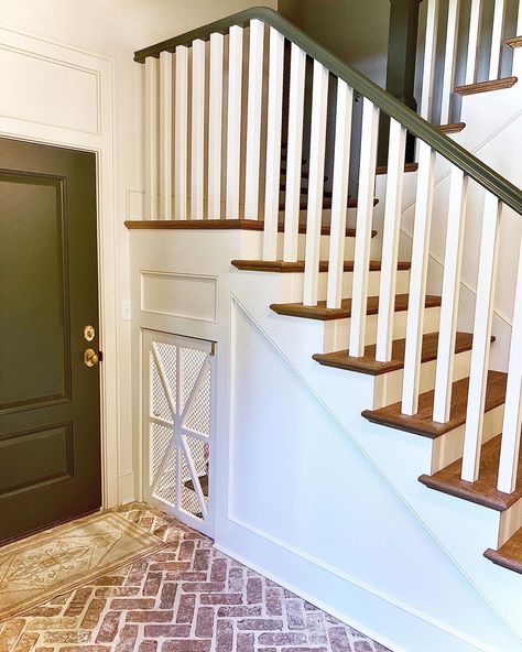 Sheffield Construction Company on Instagram: “Clever use of the space under the stairs in our recent custom home. Swipe to see our clients Frenchies using their new room! . .  Interior…” Under Stairs Dog Kennel, Dog House Under Stairs, Kennel Under Stairs, House Under Stairs, Dog Kennel Under Stairs, Dog Bedroom Ideas, Lattice Gate, Dog Under Stairs, Dog House Inside