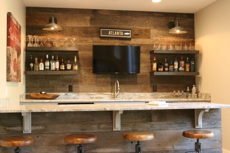 Keating Basement - Contemporary - Basement - Atlanta - by Creating Space, Inc. | Houzz Basement Kitchen Bar, Rustic Basement Bar, Downstairs Bar, Bar Basement Ideas, Contemporary Basement, Home Bar Areas, Rustic Basement, Pool Room, Diy Home Bar