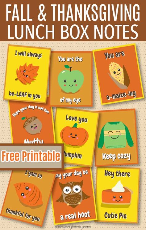 Adorable free printable Thanksgiving lunch box notes - perfect for Fall too! #thanksgiving #thanksgivingforkids #lunchboxnotes #freeprintables Esl Thanksgiving, Thanksgiving Lunch Box Notes, Free Printable Halloween Lunch Box Notes, Lunchbox Doodles, Halloween Lunch Box Notes, Notes For Lunch Box Children, Lunch Photos, Lunch Box Notes For Kids, Thanksgiving Lunch