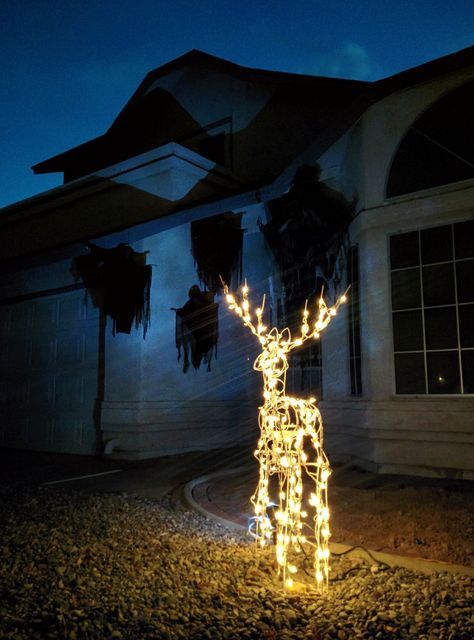 ⚡Expecto Patronum⚡Harry Potter Patronus Halloween decorations  - we used our Christmas reindeer decor to ward off the Dementors. Harry Potter Halloween Exterior Decorations, Diy Halloween Decorations Outdoor Harry Potter, Harry Potter Outdoor Lights, Hogwarts Front Porch, Halloween Decorations Outdoor Harry Potter, Harry Potter Christmas Outdoor Decorations, Harry Potter Halloween Decor Outdoor, Harry Potter Themed Front Porch, Hogwarts Halloween Decorations Outdoor