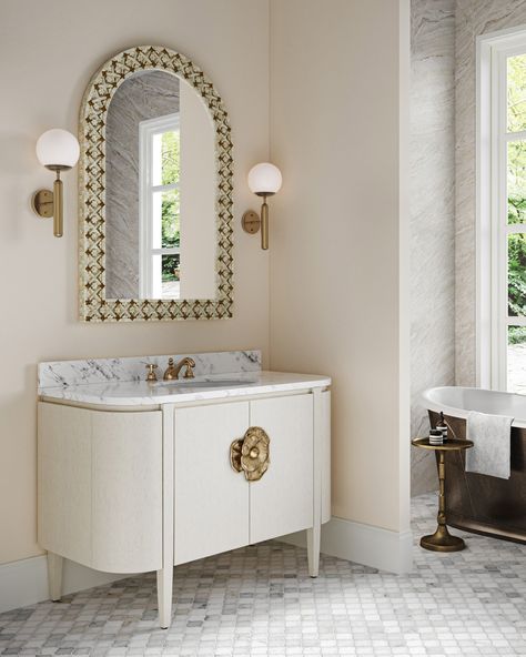 Ellaria Round Mirror Brass Accent Table, 48" Vanity, Designer Bathroom, Freestanding Vanity, White Carrara Marble, Brass Side Table, Marble Vanity, Porcelain Sink, Translucent Glass