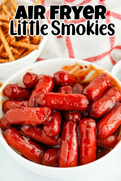 If you’re looking for a quick dinner idea or an easy appetizer for game day, you’re going to love this simple air fryer recipe! On top of being packed with flavor, these easy BBQ little smokies are made with just a handful of ingredients. And with the help of your air fryer, you can have them ready in a matter of minutes, making them perfect for any get-together. Air Fryer Cocktail Weenies, Lil Smokies Recipes Air Fryer, Lil Smokies Air Fryer, Air Fryer Little Smokies, Air Fryer Lil Smokies, Little Smokies Recipes Meals, Lil Smokies Recipes, Bbq Little Smokies, Franks Recipes