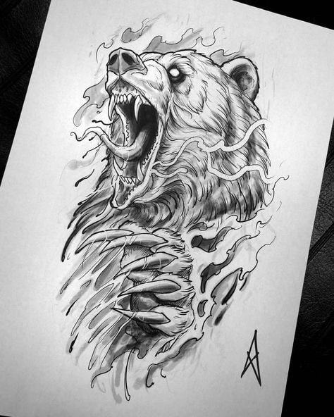 #bwmentality #blackandwhite #blackandgrey @artof_black #artof_black #blackworkerssubmission #blackworkers_tattoo #illustrativetattoo… Grizzly Bear Tattoos, Bear Tattoo Designs, Tier Tattoo, Bear Tattoos, Men Tattoos, Norse Tattoo, Nordic Tattoo, Geniale Tattoos, Bear Tattoo