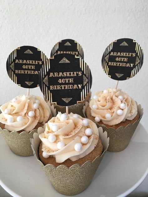 Gatsby Cupcakes Ideas, Great Gatsby Cupcake Ideas, Roaring 20s Cupcakes, Great Gatsby Cupcakes, 50th Cupcakes, Bugsy Malone, Grammy Party, Dessert Items, 20s Party