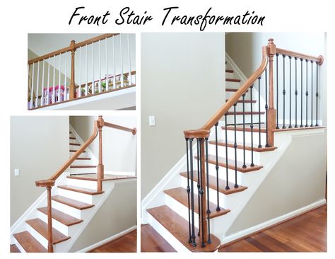 Front Stair Update - no link - from golden oak with white colonial spindles to stain to match floors and iron spindles.  still to do, hardwood on landing, painting of wall.....all of catwalk... Yellow Cape Cod, Diy Staircase Makeover, Stair Makeover, Contemporary Staircase, Diy Staircase, Stairs Makeover, Staircase Remodel, Staircase Makeover, Staircase Decor