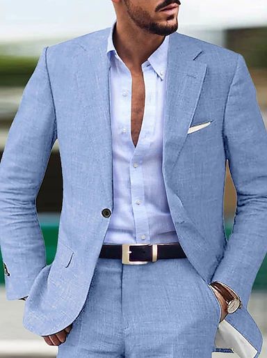 Men's Linen Suits Summer Beach Wedding Suits 2 Piece Solid Colored Tailored Fit Single Breasted Two-buttons 2024 2024 - $93.99 Summer Groom, 2023 Beige, Blue Linen Suit, Linen Suits For Men, Beach Wedding Suits, Summer Wedding Suits, Costume Vert, Prom For Guys, Light Blue Suit