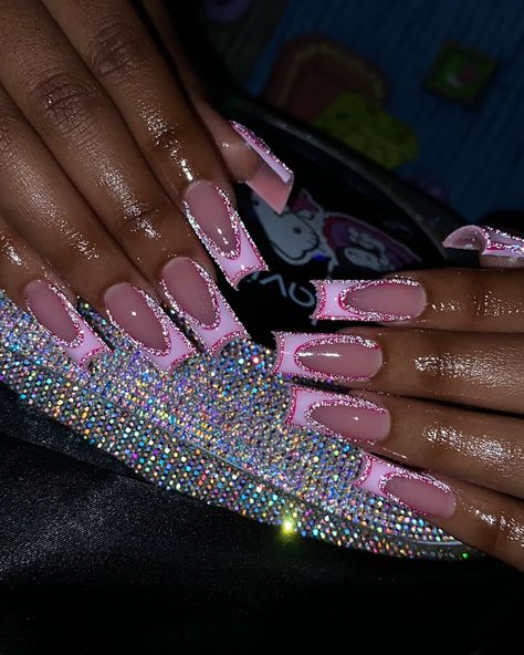 Reflective pink frenchies😍🩷 . . . Dm to book!💖 @nailed.byjennie #longnails #pinknails #reflectivenails #frenchnails #nails #nailart #nailsnailsnails #nailsofinstagram #fresnonails #fresnonailtech #explorepage Glitter Freestyle Nails, Pink Glitter Square Nails, Pink Frenchies, Freestyle Nails, Long Square Nails, Acrylic Toes, Square Nail Designs, Glow Nails, Pretty Nail Designs