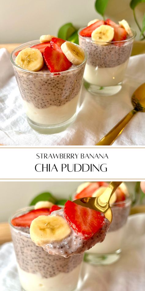 Strawberry banana chia pudding is perfect for a breakfast, snack, or desert, and is loaded with fiber, healthy fats, and antioxidants. Chia Seed Pudding Strawberry, Strawberry Chia Seed Pudding Recipe, Banana Split Chia Pudding, Banana Coconut Chia Pudding, Strawberry Banana Chia Seed Pudding, Benefits Chia Seeds, Chia Seed Yogurt, Banana Chia Seed Pudding, Banana Chia Pudding