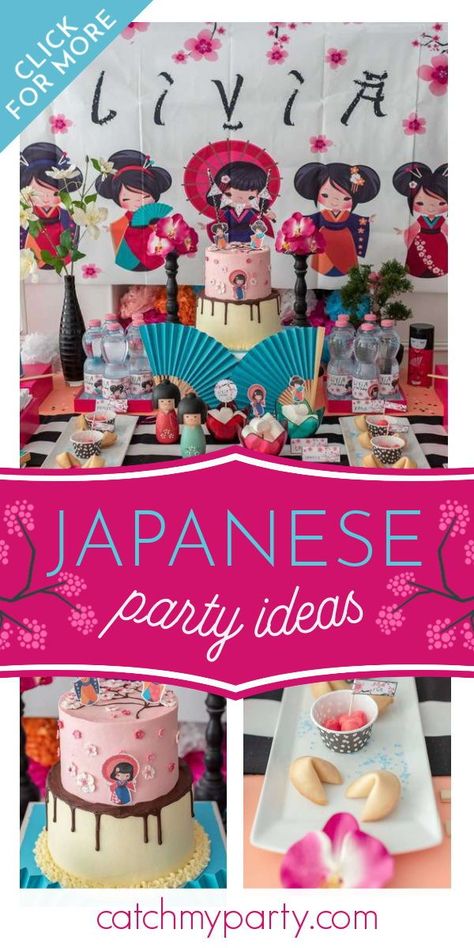 Asian Inspired Birthday Party, Japanese Party Favors, Geisha Party Theme, Japan Birthday Party, Asian Birthday Party Ideas, Japan Party Theme, Japanese Themed Cake, Manga Birthday Party, Korean Theme Party Ideas