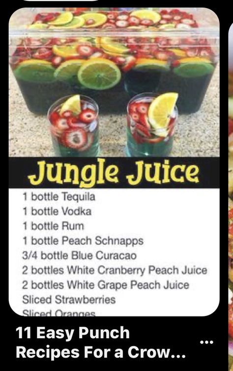 Punch Nonalcoholic, Easy Jungle Juice, Party Drinks Ideas, Punch Recipes For A Crowd, Simple Drinks, Jungle Juice Recipe, Easy Party Drinks, Halloween Juice, Alcoholic Punch Recipes