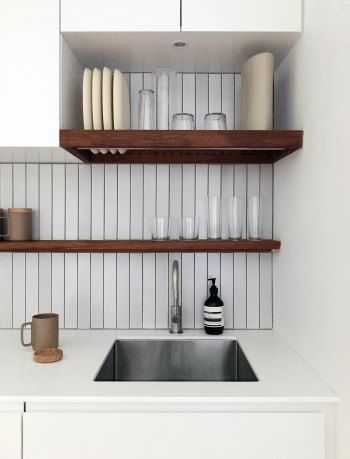 Vertical tile backsplash  Denise Lee Architect Rack Design Ideas, Heath Ceramics Tile, Sink Drying Rack, Kitchen Ikea, Plate Storage, Stainless Steel Sink, Dish Rack, Mini Kitchen, Dish Rack Drying