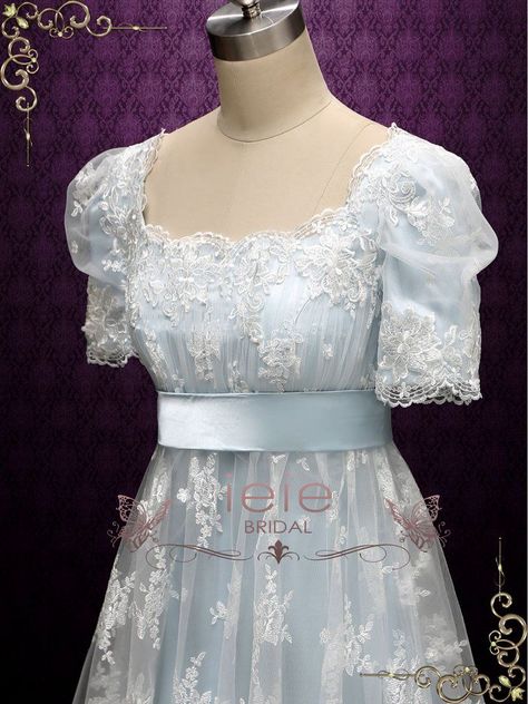 Overlay Wedding Dress, Lace Overlay Wedding Dress, Blue Lace Wedding Dress, Regency Ball, Regency Gown, Regency Era Fashion, Empire Wedding Dress, Short Sleeve Wedding Dress, Regency Dress