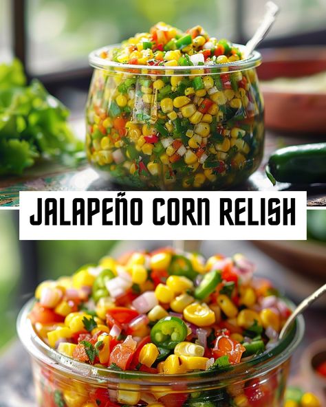 Kitchen Feast - Brighten up your meals with this Jalapeño Corn Relish! 🌽🌶️ Sweet, spicy, and bursting with fresh flavors, it's the perfect addition to your summer table.  Ingredients: 3 cups corn kernels (fresh or frozen) 2 jalapeños, finely chopped 1 red bell pepper, finely diced 1/2 red onion, finely chopped 1/4 cup white vinegar 2 tablespoons sugar 1 teaspoon salt 1/2 teaspoon black pepper 1/4 cup fresh cilantro, chopped Directions: In a large mixing bowl, combine the corn, jalapeños, red bell pepper, and red onion. In a small saucepan, combine the white vinegar, sugar, salt, and black pepper. Bring to a simmer over medium heat, stirring until the sugar is fully dissolved. Pour the vinegar mixture over the corn mixture and mix well. Allow the relish to cool to room temperature, then s Red Bell Pepper Recipes, Corn Relish Recipes, Jalapeño Corn, Relish Recipe, Corn Relish, Pepper Relish, Pepper Recipes, Spicy Corn, Relish Recipes