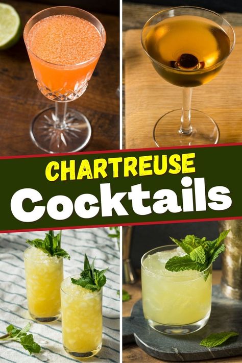 These chartreuse cocktails are just as pretty as they are tasty! From a verdant lady to a lumiere to an amber dream, you'll wonder how you ever lived without these beautiful drinks. Chartreuse Recipe, Chartreuse Cocktail Recipe, Cocktails With Green Chartreuse, Chartreuse Drink, Secret Lady Chartreuse, Dark Chartreuse, Chartreuse Drink Cocktails, Chartreuse Liquor, Chartreuse Cocktail