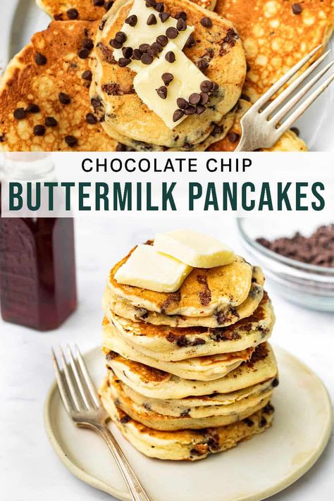 Buttermilk Chocolate Chip Pancakes The best chocolate chip pancakes, with mini chips and added buttermilk for the fluffiest pancakes! These easy one-bowl pancakes are always a hit. Buttermilk Chocolate Chip Pancakes, Fluffiest Pancakes, Chocolate Chip Pancakes Recipe, Pancake Recipe Buttermilk, Mini Chips, Chocolate Pancakes, Best Chocolate Chip, Chocolate Chip Pancakes, Tasty Pancakes