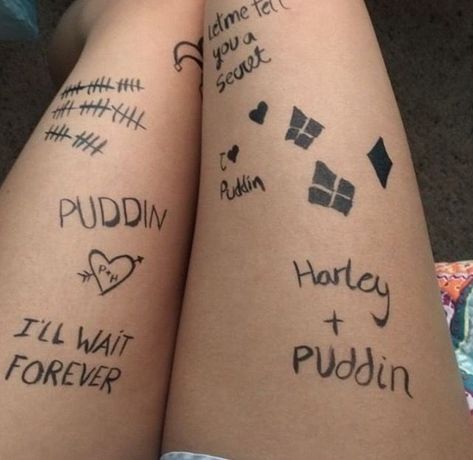 Harley Quinn Tattoos Costume, Harley Quinn Leg Tattoos, Harley Joker Costume, Harely Quinn Tattoos, Harly Quinn And Joker Halloween Costumes, Harley Quinn And The Joker Tattoo, Harely Quinn Costume Halloween, Puddin Tattoo, Harley Quinn And The Joker Costume