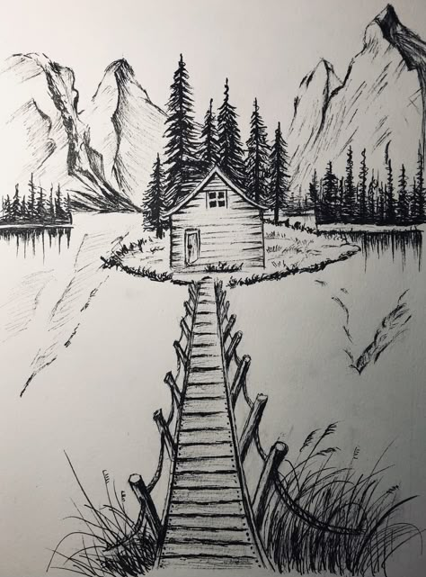 Cabin In The Forest Drawing, Drawing Ideas Outdoors, Drawing Ideas Landscape Pencil Easy, Drawing Ideas Landscape Pencil, Forest Sketch Simple, Forest Drawing Sketch, Art Sketches Nature, Land Scape Drawing, Scenic Drawings