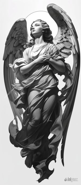 Sculpture Reference Statues, Angel With Wings Drawing, Angel Statue Tattoo Design, Angel Sculpture Statues, Angel Praying Tattoo, White Charcoal Drawings, Full Body Statue, Angel Tatoos, Angel Reference