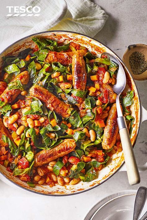 Tesco Recipes, Coeliac Recipes, Sausage And Bean Casserole, Sausage Casserole Recipes, Saturday Lunch, Healthy One Pot Meals, Cannellini Bean, Beans And Sausage, Veggie Sausage