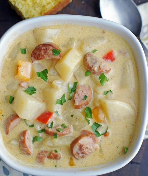 Slow Cooker Cheesy Smoked Sausage & Potato Soup – 5 Boys Baker Sausage And Potato Soup, Irish Potato Soup, Soup Recipe Ideas, Sausage Potato Soup, Sausage Soup Recipes, Sausage Potato, Sausage Potatoes, Sausage Soup, Potato Soup Recipe