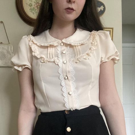 ❦ Peach Pink Peter Pan Collar Frilly Lolita Blouse... - Depop Peter Pan Blouse, Frilly Collar, Frilly Blouse, Pan Collar, Peach Pink, Peter Pan Collar, Fitness Inspo, Peter Pan, Top Blouse