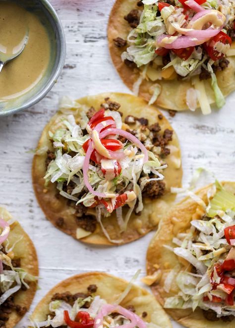 Cheeseburger Tostadas Back To School Dinners, Bbq Salmon, Tortilla Shells, School Dinners, Cheese Quesadilla, Baked Chicken Parmesan, Week 5, Meat And Cheese, Easy Weeknight Meals