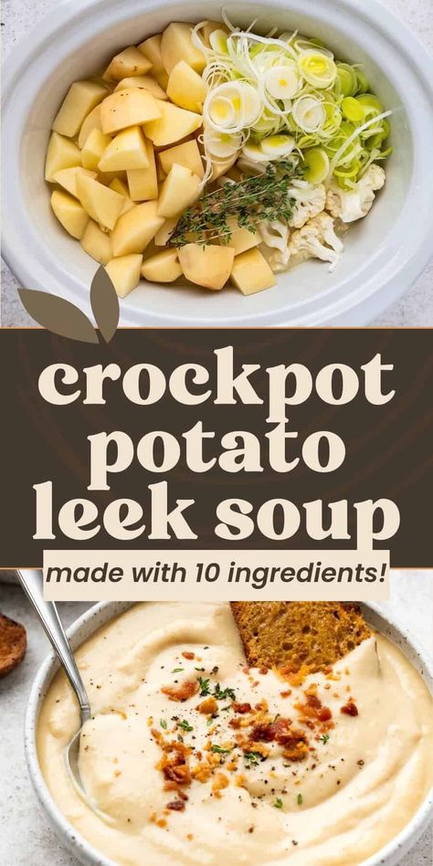 This Crockpot Potato Leek Soup is creamy, comforting, and incredibly easy to make—just toss everything in the crockpot for a rich, velvety soup that’s perfect for cozy evenings. Crockpot Vegan Potato Soup, Potato Leek Soup Crock Pot, Crockpot Potato Leek Soup, Crock Pot Vegetarian Recipes, Veggie Slow Cooker Recipes, Easy Vegetarian Crockpot, Vegan Crockpot Meals, Easy Vegetarian Crockpot Recipes, Easy Healthy Soups