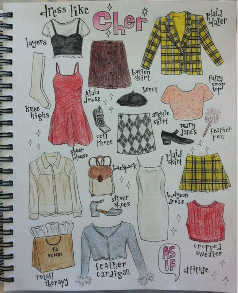 Wardrobe Illustration, Clueless Aesthetic, Clueless Cher, Cher Clueless, Cher Horowitz, Desain Buklet, Clueless Outfits, Illustration Fashion Design, Fashion Art Illustration