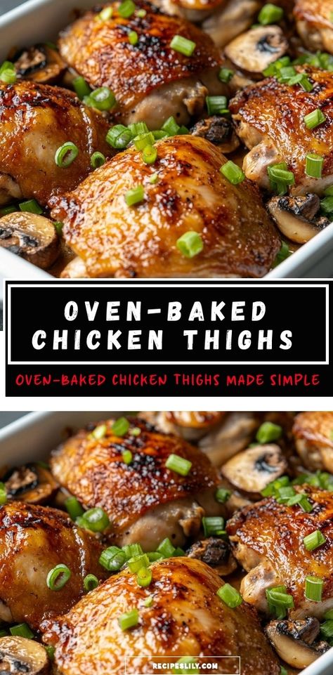 I love making these oven-baked chicken thighs when I need a delicious and easy dinner! They come out perfectly crispy on the outside and tender on the inside. Serve them with mushrooms and a sprinkle of green onions for that extra flavor. Trust me, your family will be asking for seconds! Chicken Thigh Marinade, Oven Baked Chicken Thighs, Jerk Chicken Recipe, Flavorful Meals, Chicken Thighs Recipe, Thighs Recipe, Baked Chicken Thighs, Oven Baked Chicken, Quick Weeknight Dinners