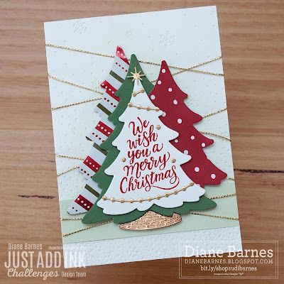 Handmade Christmas card using Stampin' Up Merriest Trees stamp set and dies, Snowflake Sky embossing folder, Shining Christmas paper. Card by Diane Barnes - colourmehappy - stampinupcards - cardmaking - stamping Christmas Tree Cards Handmade, Christmas Card Layouts, Papercraft Christmas Cards, Stamped Christmas Cards, Handmade Christmas Card, Christmas Sentiments, Tree Stamp, Homemade Christmas Cards, Stampin Up Christmas Cards