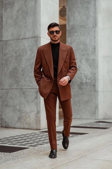 Coat Pant color Brown Coat Men Outfits, Brown Coat Black Pants Men, Brown Coat Man Outfit, Brown Blazer Black Pants Men, Brown Wool Coat Outfit Men, Men Work Outfits, Black Coat Men, Mens Fashion Suits Casual, Classy Coat