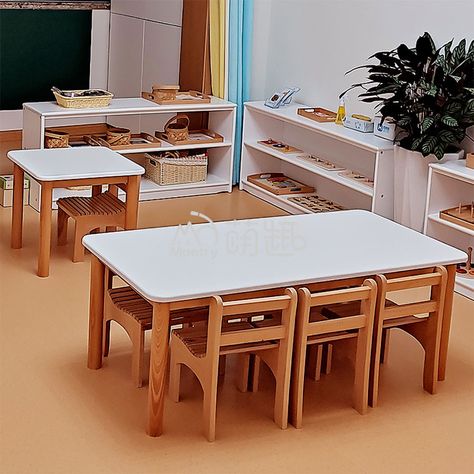 Montessori Classroom Furniture, Montessori Table And Chair, Preschool Classroom Layout, Preschool Tables, Montessori Table, Kids Study Table, Montessori Furniture, Grande Table, Kids Daycare