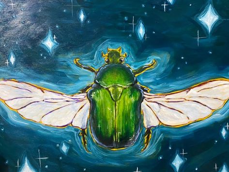 Bug Acrylic Painting, Beetle Painting Acrylic, Bug Paintings, Bug Painting, Beetle Painting, Koi Painting, Large Paintings, Spooky Art, Box Diy