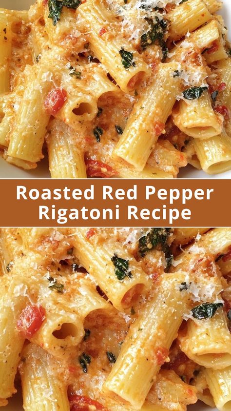 "Roasted Red Pepper Rigatoni is a creamy, flavorful pasta dish perfect for weeknight dinners or family meals. Made with rigatoni pasta tossed in a velvety sauce of roasted red peppers, garlic, cream cheese, Parmesan, and Roasted Red Pepper Rigatoni, Red Pepper Rigatoni, Rigatoni Pasta Recipes, Roasted Red Peppers Recipes, Red Sauce Pasta Recipe, Garlic Cream Cheese, Rigatoni Recipe, Red Pepper Recipes, Rigatoni Recipes