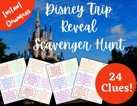 Disney Trip Reveal Scavenger Hunt, Trip Reveal Scavenger Hunt, Surprise Disney Trip Reveal, Disney Trip Reveal, Disney Trip Surprise, Disney Reveal, Magical Theme, Disney Surprise, Florida Theme Parks