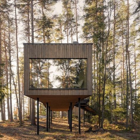 Architecture on stilts | Dezeen Casa Cook Hotel, Forest Hotel, Swedish Architecture, Timber Cabin, Casa Cook, Wooden Panelling, Inside Decor, Tiny Cabins, Steel Columns