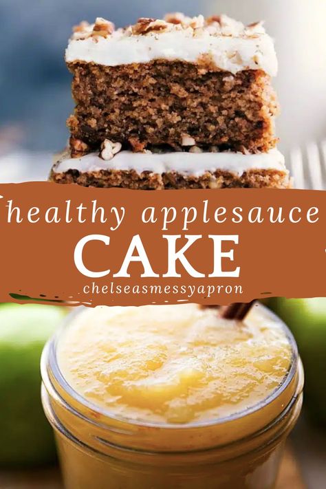 Perfectly spiced and flavorful Applesauce Cake, topped with an easy cream cheese frosting. Make this cake with healthy ingredients, all in one bowl! #healthy #best #quick #easy #simple #applesauce #cake Applesauce In Recipes, Healthy Applesauce Cake Recipe, Applesauce Yogurt Cake, Baked Goods With Applesauce, Low Carb Applesauce Cake, Paleo Applesauce Cake, Applesauce Cake With Cream Cheese Icing, Cakes With Applesauce, Applesauce Carrot Cake