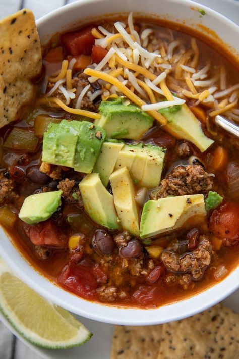 Macro Friendly Taco Soup Taco Soup Macro Friendly, Macro Taco Soup, Macro Friendly Beef Recipes, Slow Cooker Macro Friendly Recipes, High Protein Taco Soup, Macro Friendly Soup, Macro Dinner, High Protein Soup, Anabolic Recipes