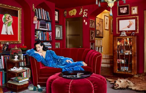 Step Inside Dita Von Teese's One-of-a-Kind L.A. Home | Architectural Digest Dita Von Teese House, Dita Von Teese Home, Blue Couches, Pub Decor, Dita Von, Dita Von Teese, Los Angeles Homes, Celebrity Houses, Step Inside