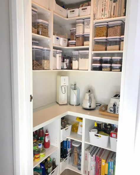 30 Walk-In Pantry Ideas For Better Organization Kitchen Pantry Shelving Ideas, Butlers Pantry Ideas Layout, Walk In Pantry Ideas Layout, Kitchen Pantry Shelving, Small Walk In Pantry, Walk In Pantry Ideas, Pantry Shelving Ideas, Pantry Redo, Pantry Renovation