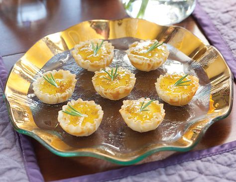 Our Port Salut and Fig Phyllo Cups are a delectable blend of fig preserves, cheese, and fresh rosemary. Port Salut Recipes, Port Salut Cheese, Sunday Snacks, Port Salut, Fig Preserves, Phyllo Cups, Elegant Backdrop, Tea Time Food, Appetizer Trays