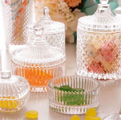 Candy Glass Jars, Candy Jars Aesthetic, Glass Candy Jars Decor, Desk Candy Jar, Glass Candy Jars Target, Luxury Candy, Apartment Aesthetic, Candy Bowl, Banana Split