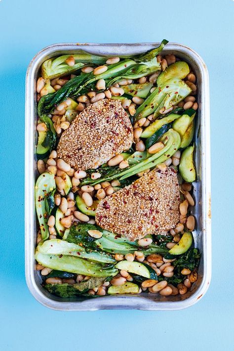 Roasting Tin Recipes, Tray Meals, Date Night Meals, Sesame Crusted Tuna, Chicken Tray Bake, Heavenly Recipes, Tin Recipes, Stuffed Sweet Potato Healthy, Pak Choi