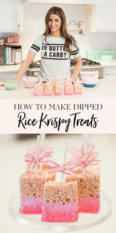 How to Make Dipped Rice Krispie Treats | I've been baking and blogging for years and one recipe has been requested far more than any other. Dipped Rice Krispy Treats! Who would have thought?? || JennyCookies.com Dipped Rice Krispie Treats, How To Make Dip, Krispy Treats Recipe, Homemade Rice Krispies Treats, Jenny Cookies, Baby Shower Snacks, Krispie Treats Recipe, Party Food Dessert, Recipes Rice