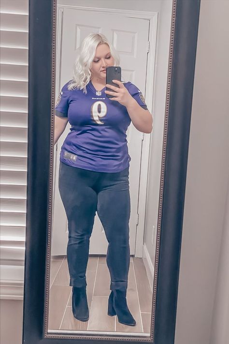 Click the pic to shop my look! style blogger, fashion blogger, style inspo, fashion inspo, ootd, ootd inspo, nfl jersey, nfl outfit, football sunday outfit, ravens, ravens jersey, jersey outfit, black jeans, american eagle, black booties, black ankle boots, suede booties, purple jersey, justin tucker jersey, #9 Nfl Jersey Outfit Women Style, Nfl Jersey Outfit, Football Sunday Outfit, Outfit Black Jeans, Justin Tucker, Ravens Jersey, Purple Jersey, Football Sunday, Nfl Outfits