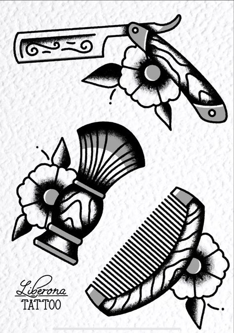 Liberona Tattoo, Traditional Old School Tattoo Flash, Tattoo Styles Oldschool, Tatto Old Scold, Barber Tattoo Design, Straight Tattoo, Oldschool Tattoo Traditional, Small Traditional Tattoo Fillers, Comb Tattoo