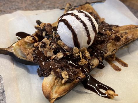 Air-Fried Banana Split - Kosher.com Banana Split Recipes, Cold Cereal, Fried Bananas, Apple Cobbler, Banana Breakfast, Granola Cereal, Chocolate Syrup, Cereal Recipes, Banana Split