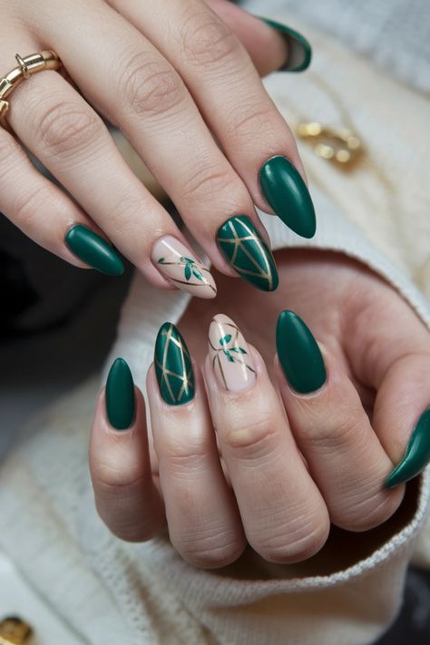 Elevate your autumn style with these chic green accents in your fall nail ideas! Imagine deep forest green nails adorned with golden leaf designs, perfectly capturing the splendor of the season. This stunning combination evokes the beauty of falling leaves and adds a touch of elegance to any outfit. Perfect for cozy gatherings or festive outings, these nails are sure to turn heads. Try this unique idea and embrace the colors of fall! #FallNailIdeas #GreenNails #AutumnStyle Green Forest Nails, Leafy Nails, Forest Nails, Forest Green Nails, Leaf Nails, Fall Nail Ideas, Deep Forest Green, Colors Of Fall, Leaf Designs