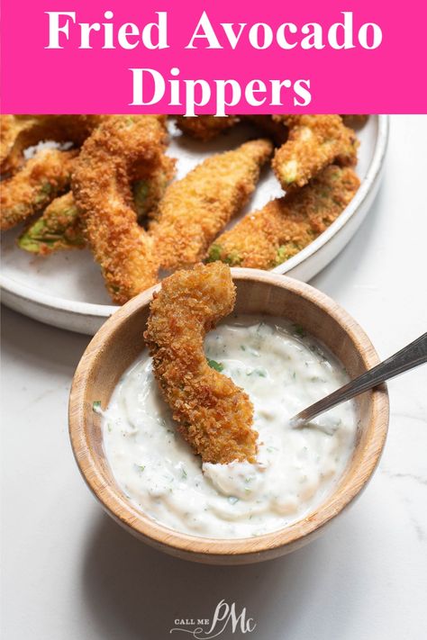 These Fried Avocado Dippers (also oven 'fried' directions given!) offer a delightful twist on snacking. They are crispy on the outside and creamy on the inside. Pair these fries with this flavorful sauce and they'll be a crowd favorite Fried Avacado Recipes, Fried Avacodo, Deep Fried Avocado Tacos, Deep Fried Avocado, Fried Avocado Air Fryer, Avocado Chicken Salad Recipe, Avocado Fries, Tasty Meat, Tailgating Recipes