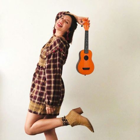 Ukulele makes me happy Photoshoot With Ukulele, Ukulele Photoshoot, Awkward Photos, Portrait Photoshoot, Standing Poses, Poses Reference, Ukelele, Shirtdress, Photo Inspo